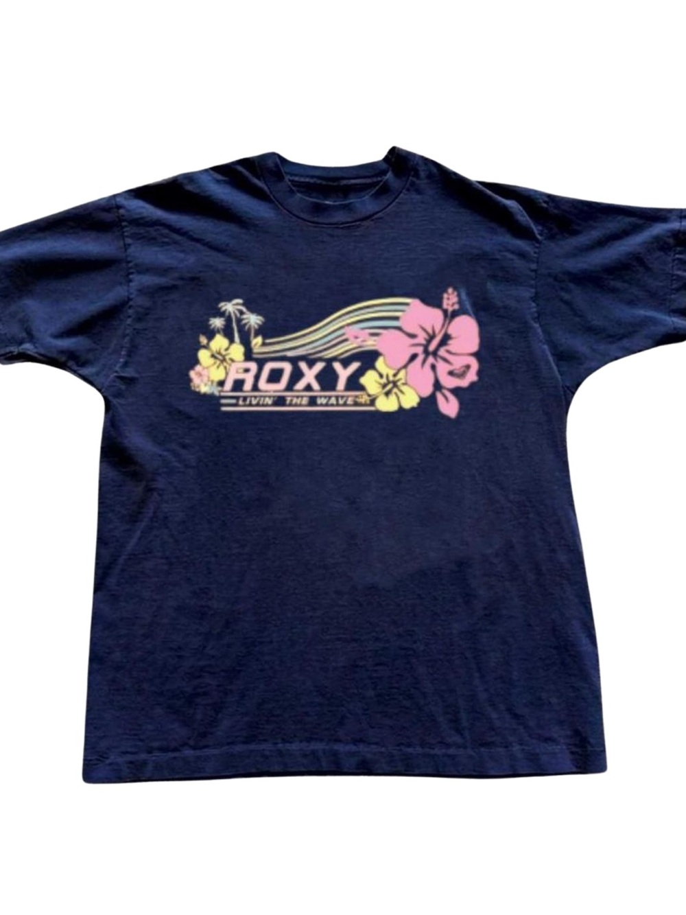 Gildan Roxy Navy Tee with Pink & Yellow Tropical Graphic